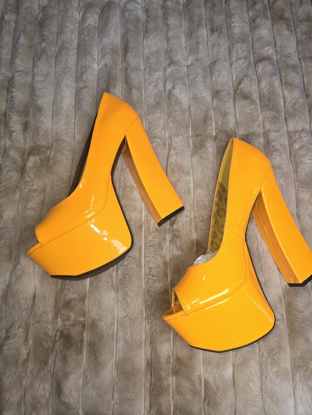 Patent Yellow Platform Peep-Toe Block Heels
